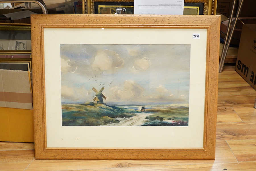 Hervey Adams (1903-1996), Moorland view with windmill, signed, watercolour, 35 x 55cm